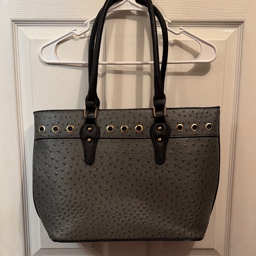 Grey Ostrich Embossed Tote Bag | Gold Grommet Detail Work Bag